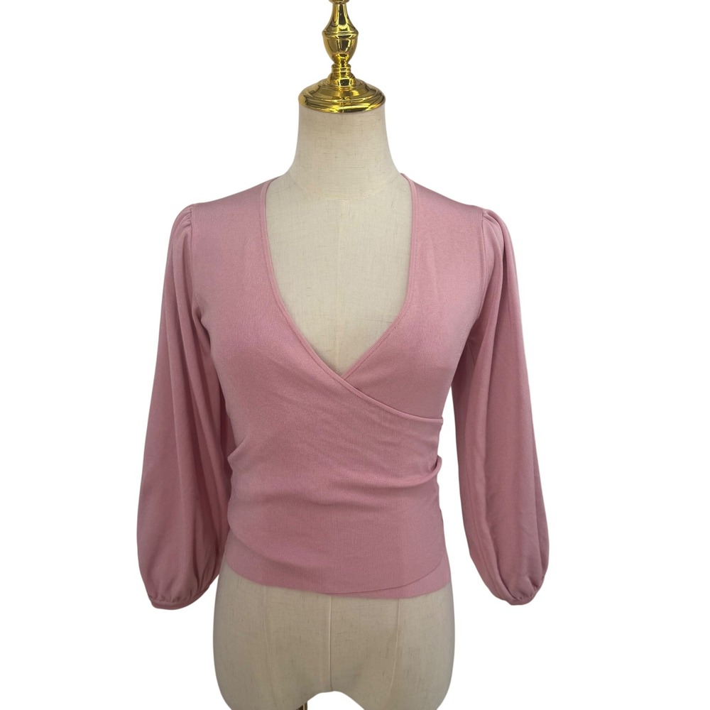 Bebe Wrap Sweater Women XS Mauve Pink Ribbed Puff Sleeve Tie Back 7SKW0080BE